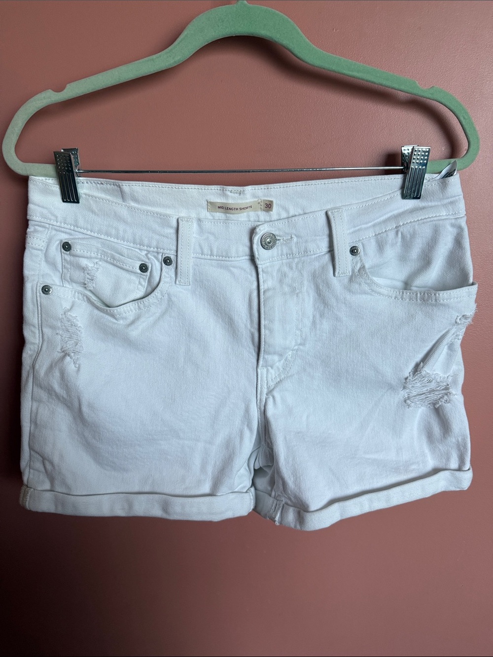 Levi's White Distressed Rolled-Hem Jean Shorts